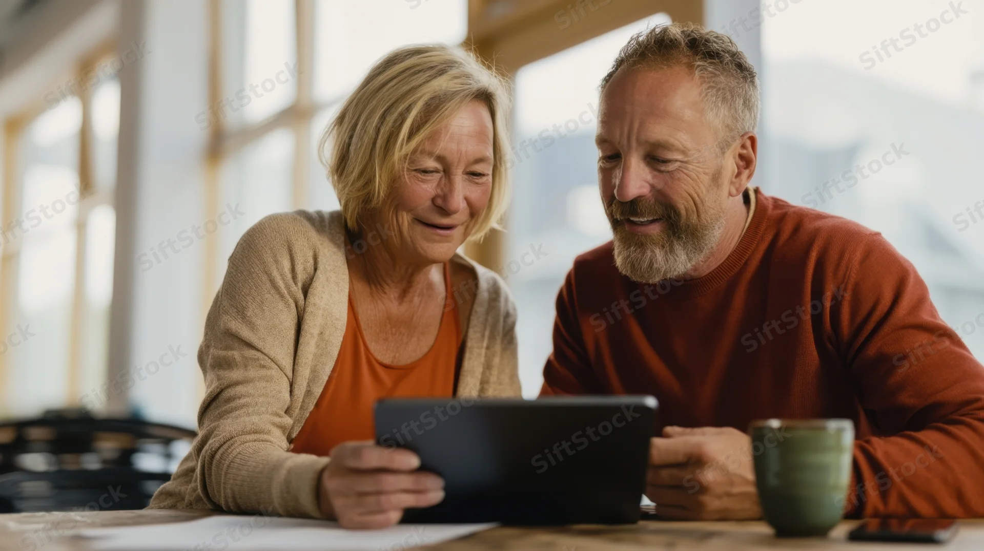 Senior couple smiling while sharing a tablet at a kitchen table