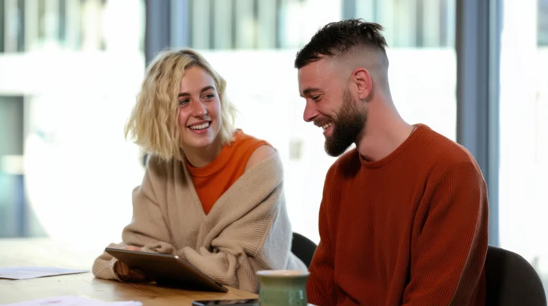 Woman and man smiling and laughing while sitting at a desk in an office meeting