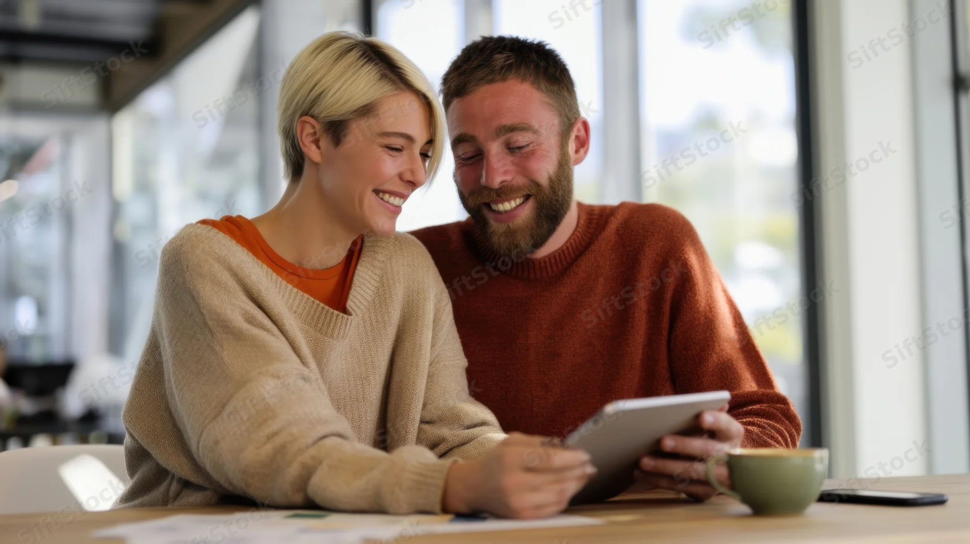 Couple smiling while using tablet together at wooden table indoors