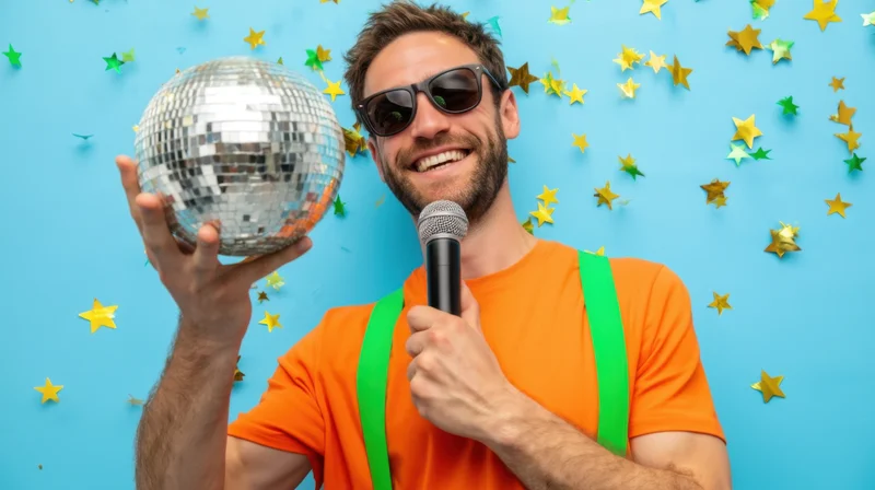 Smiling man holding disco ball and microphone in front of star-decorated blue background