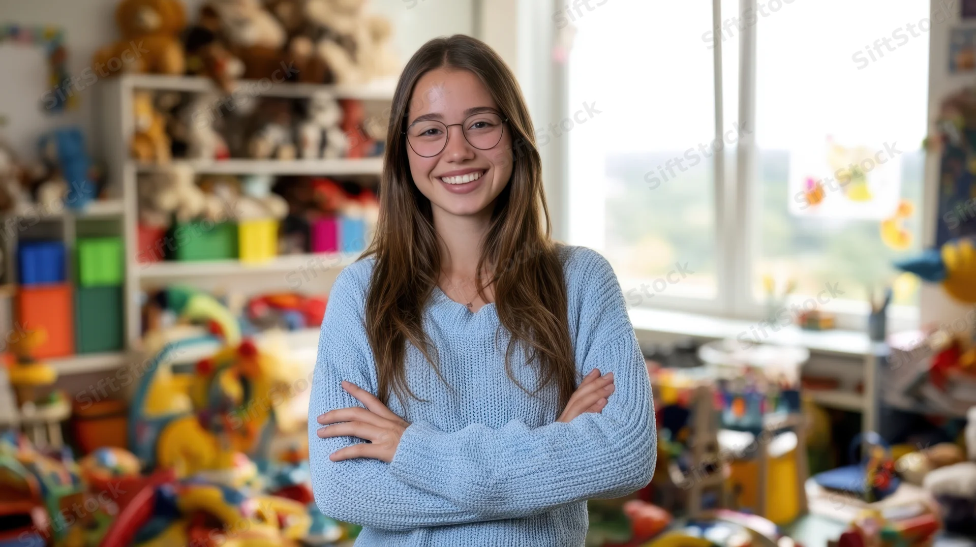 Smiling woman with arms crossed in a colorful classroom filled with toys and stuffed animals