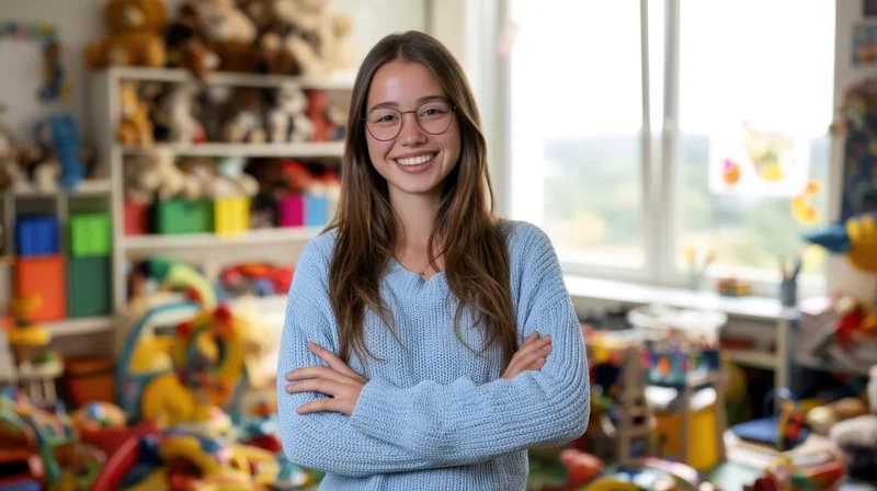 Smiling woman with arms crossed in a colorful classroom filled with toys and stuffed animals