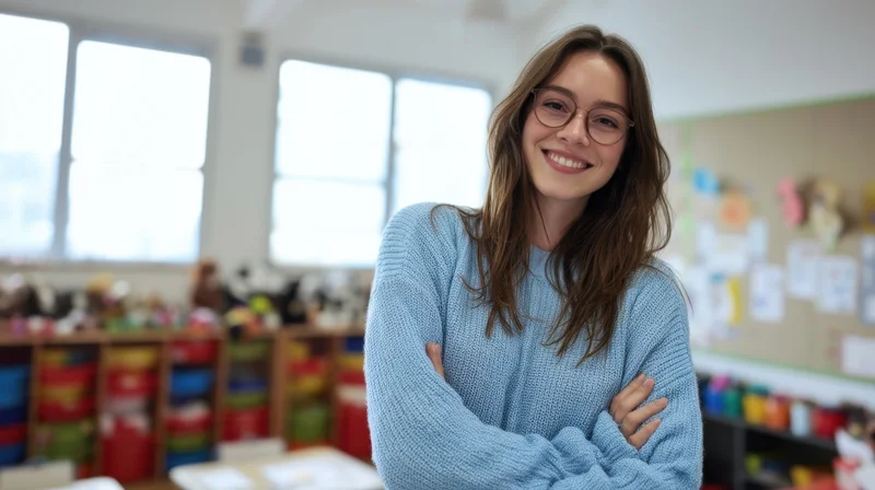 Smiling woman with arms crossed in a classroom filled with craft supplies and bulletin board displays