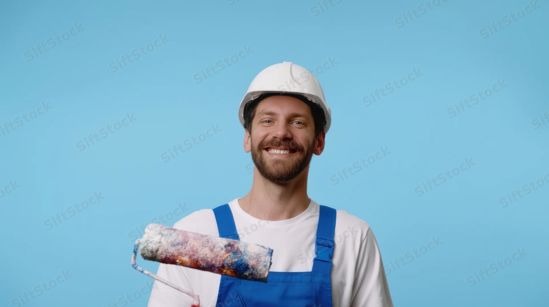 Smiling man in blue overalls and white hardhat holding paint roller against blue background