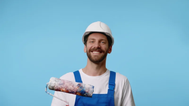 Smiling man in blue overalls and white hardhat holding paint roller against blue background