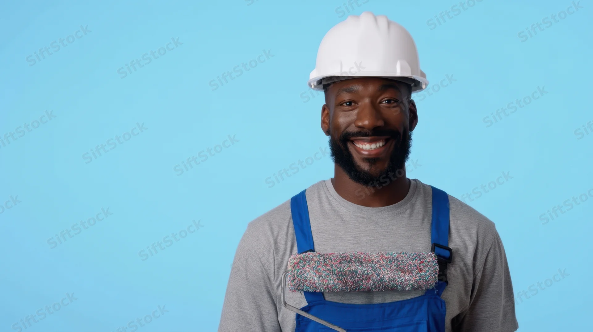 Smiling black construction worker in hardhat and overalls holding paintbrush against blue background