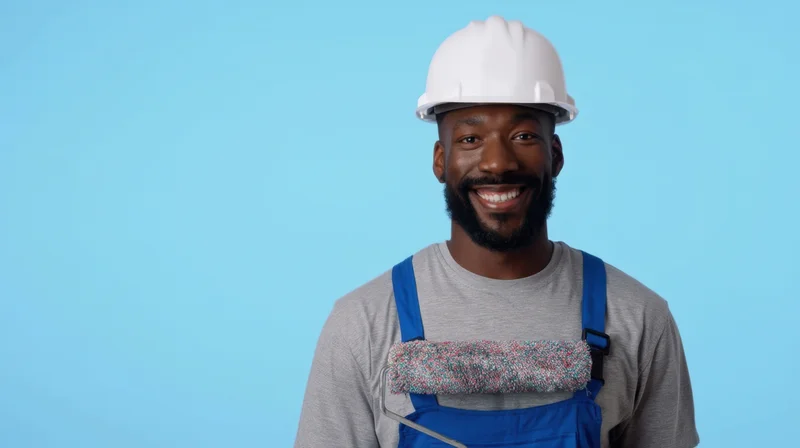 Smiling black construction worker in hardhat and overalls holding paintbrush against blue background