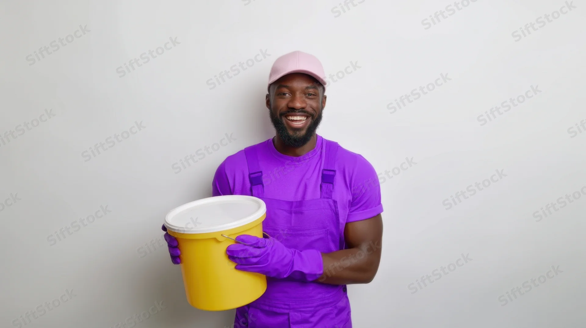 Smiling man in purple overalls holding a yellow paint bucket against a white wall