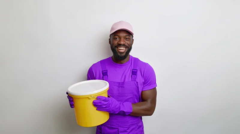 Smiling man in purple overalls holding a yellow paint bucket against a white wall