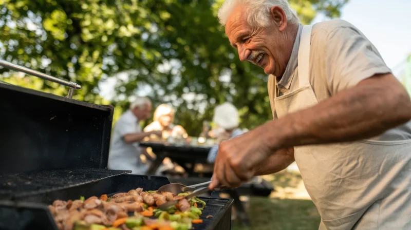 Senior man grilling vegetables and meat on a barbecue in a backyard garden with family in the background