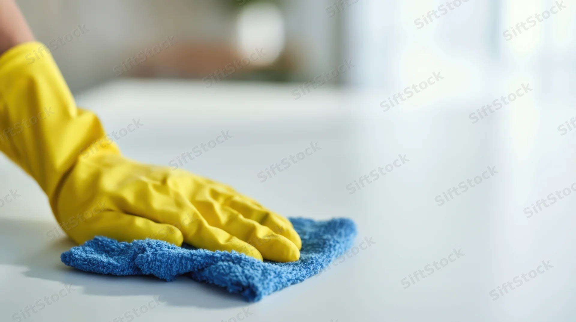 Hand in yellow rubber glove wiping a surface with blue cloth in a home interior
