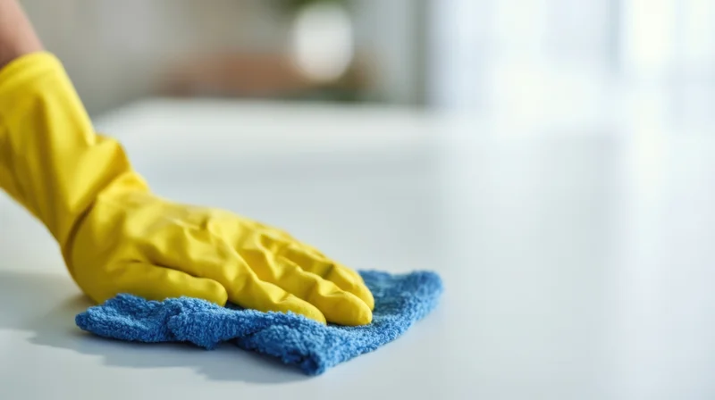Hand in yellow rubber glove wiping a surface with blue cloth in a home interior