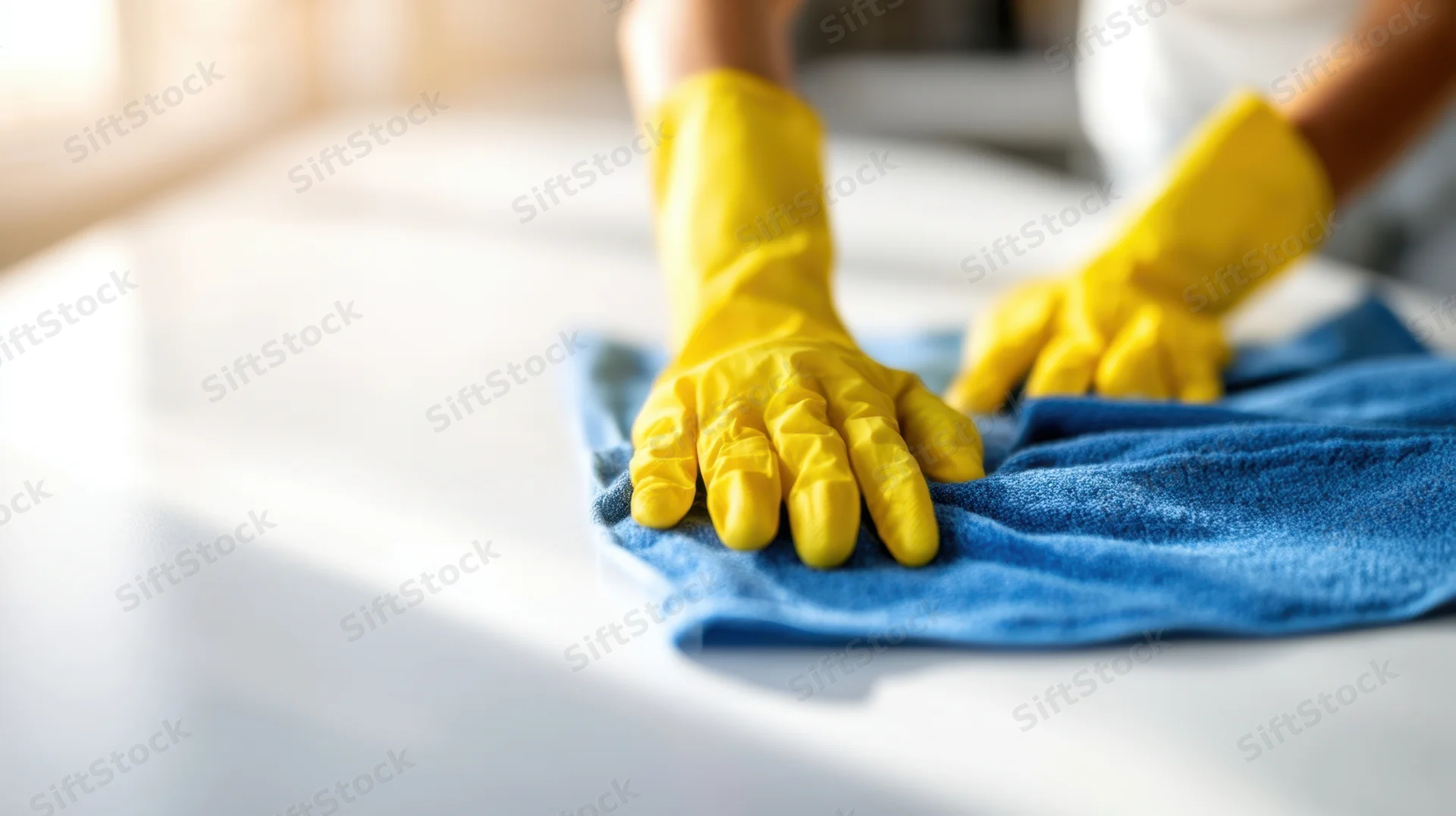 Woman's hands in yellow rubber gloves wiping a countertop with a blue cloth