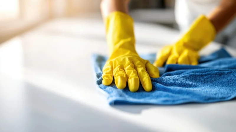 Woman's hands in yellow rubber gloves wiping a countertop with a blue cloth