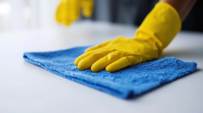 Hand in yellow rubber glove wiping blue cloth on white surface