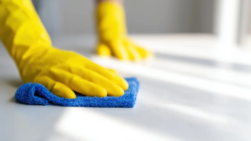 Woman wearing yellow rubber gloves wiping a countertop with a blue cloth