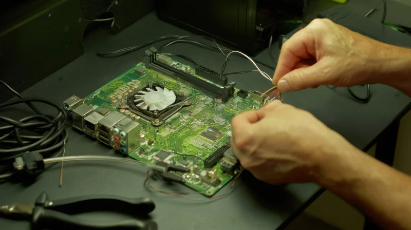 Hands repairing a green circuit board on a desk with tools and wires