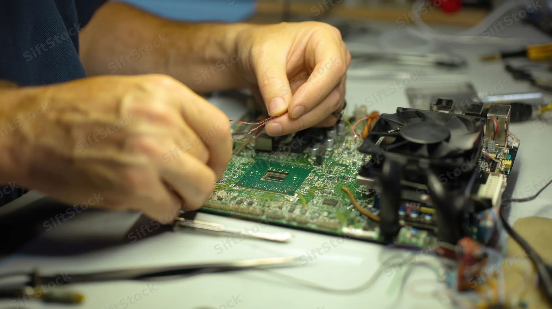 Hands repairing a circuit board on a workbench