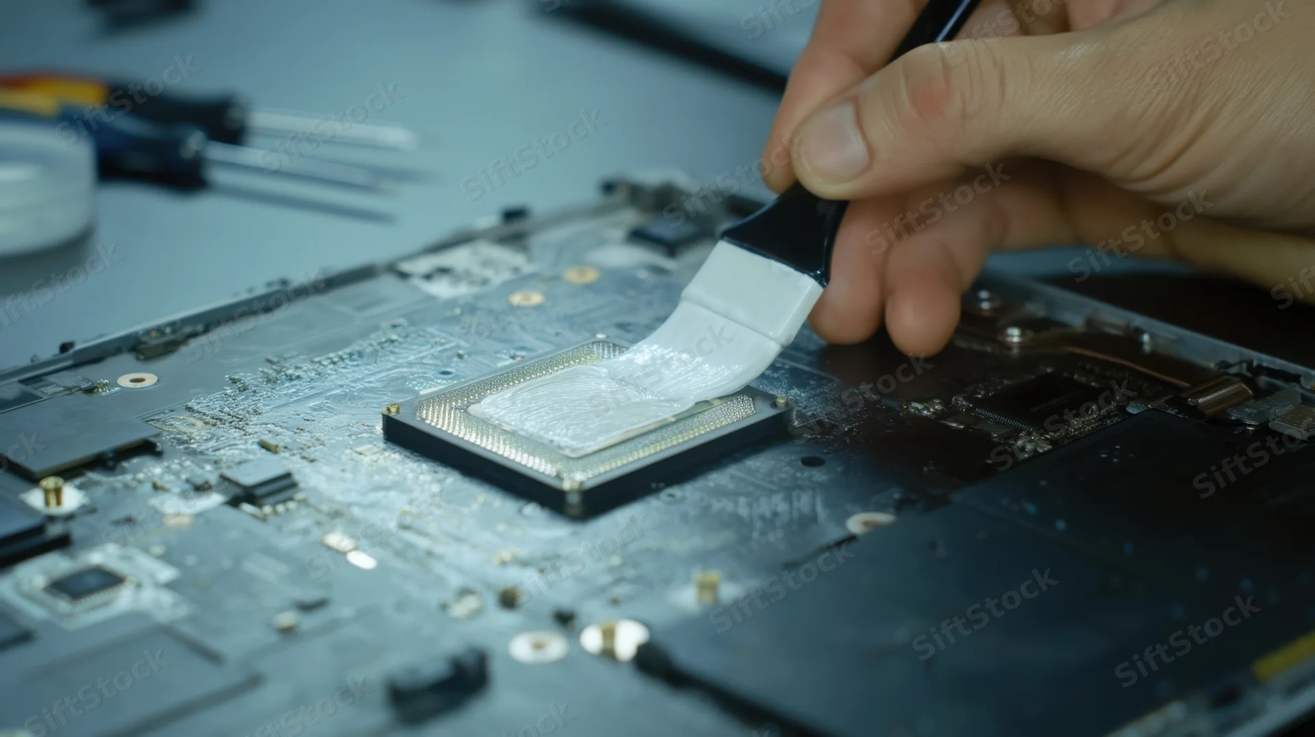 Technician applying thermal paste to laptop cpu with brush on motherboard