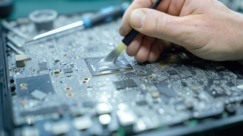 Technician applying thermal paste to a computer chip on a circuit board with a brush