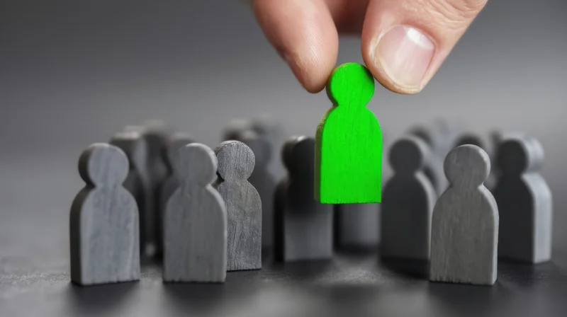 Hand lifting a green wooden figure from a group of gray figures on a dark surface