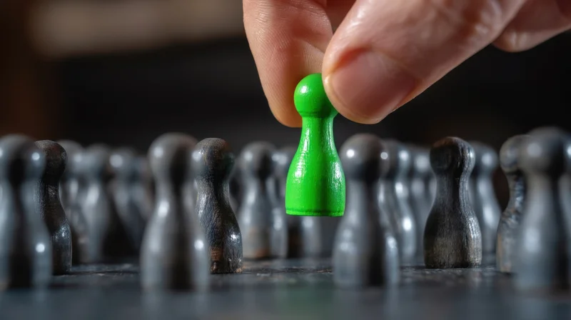Hand lifting a green gamepiece from a row of gray ones on a dark surface