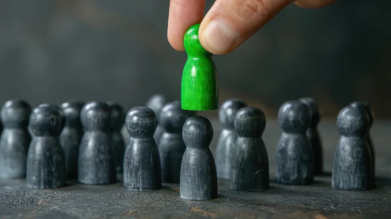 Hand lifting a green figurine from a group of gray ones on a dark surface