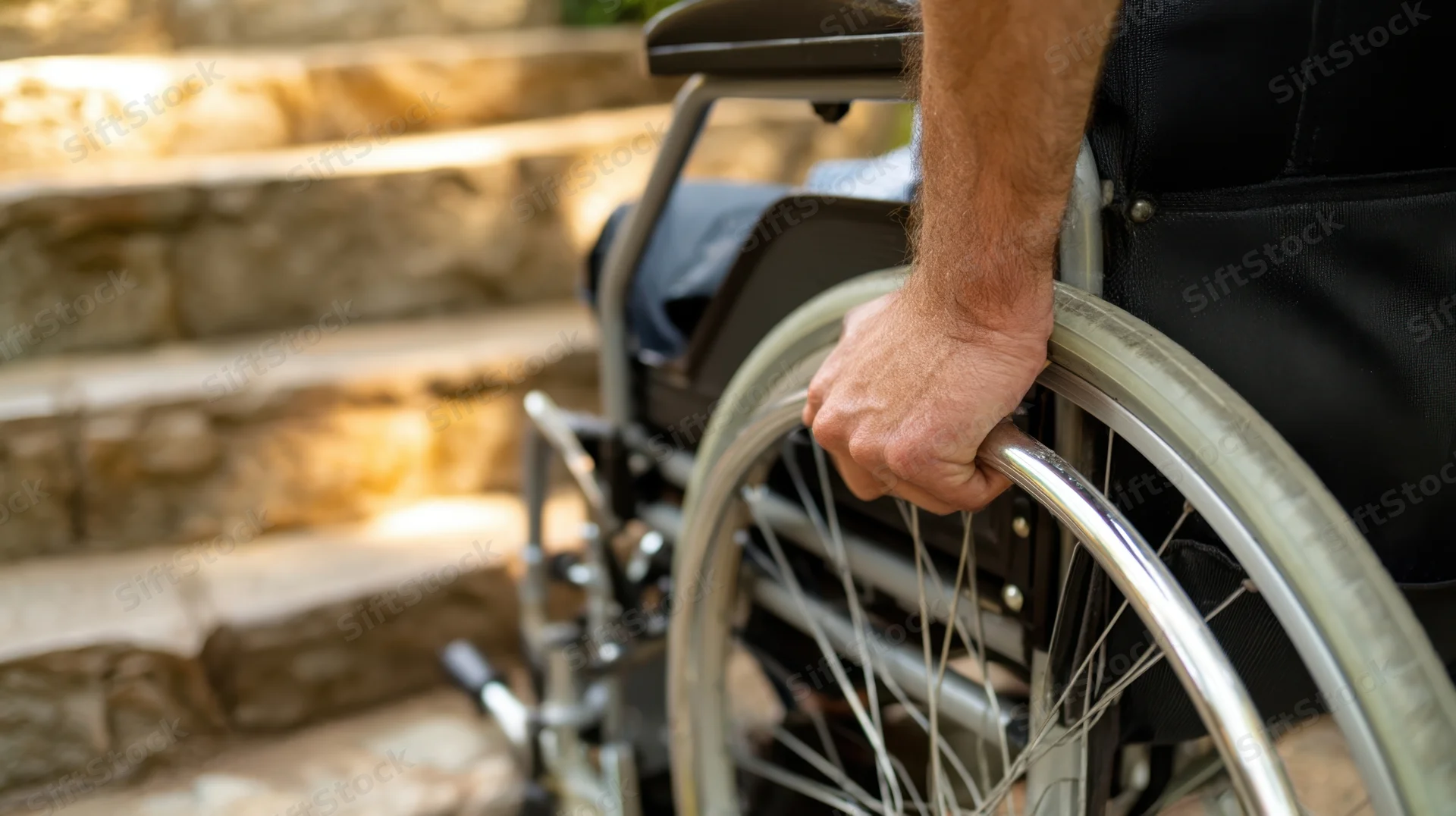 Man in wheelchair gripping wheel near stone steps outdoors