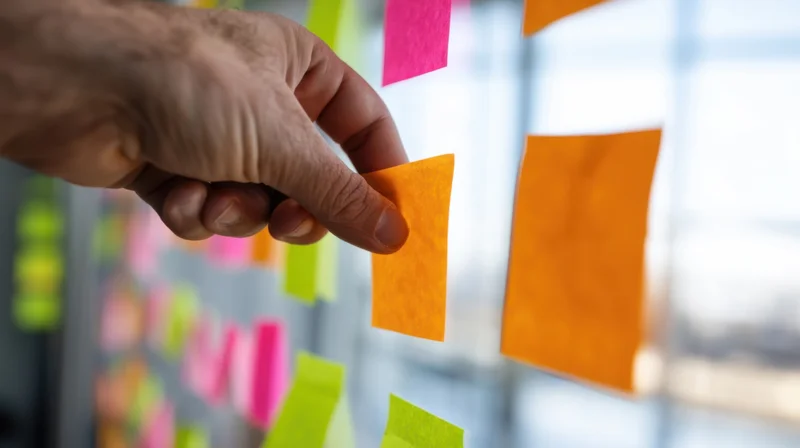 Hand placing orange sticky note on glass window in office workspace