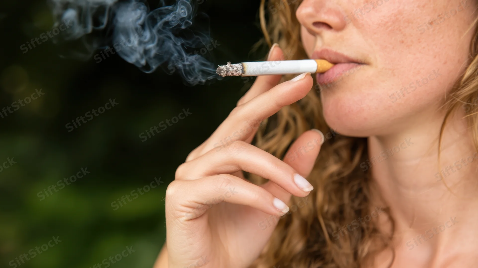 Woman smoking a cigarette outdoors in close-up side view