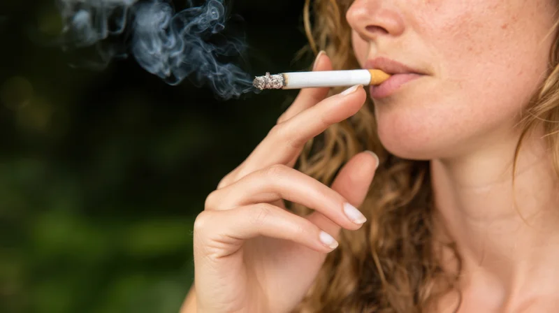 Woman smoking a cigarette outdoors in close-up side view