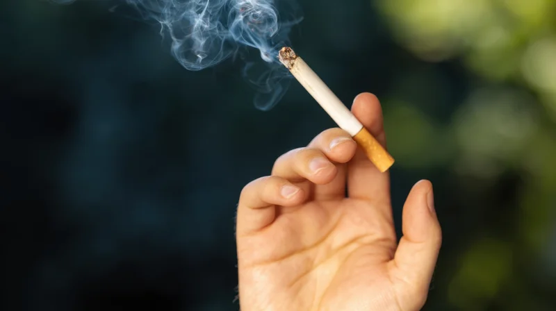 Hand holding a lit cigarette with smoke rising against a blurred green outdoor background