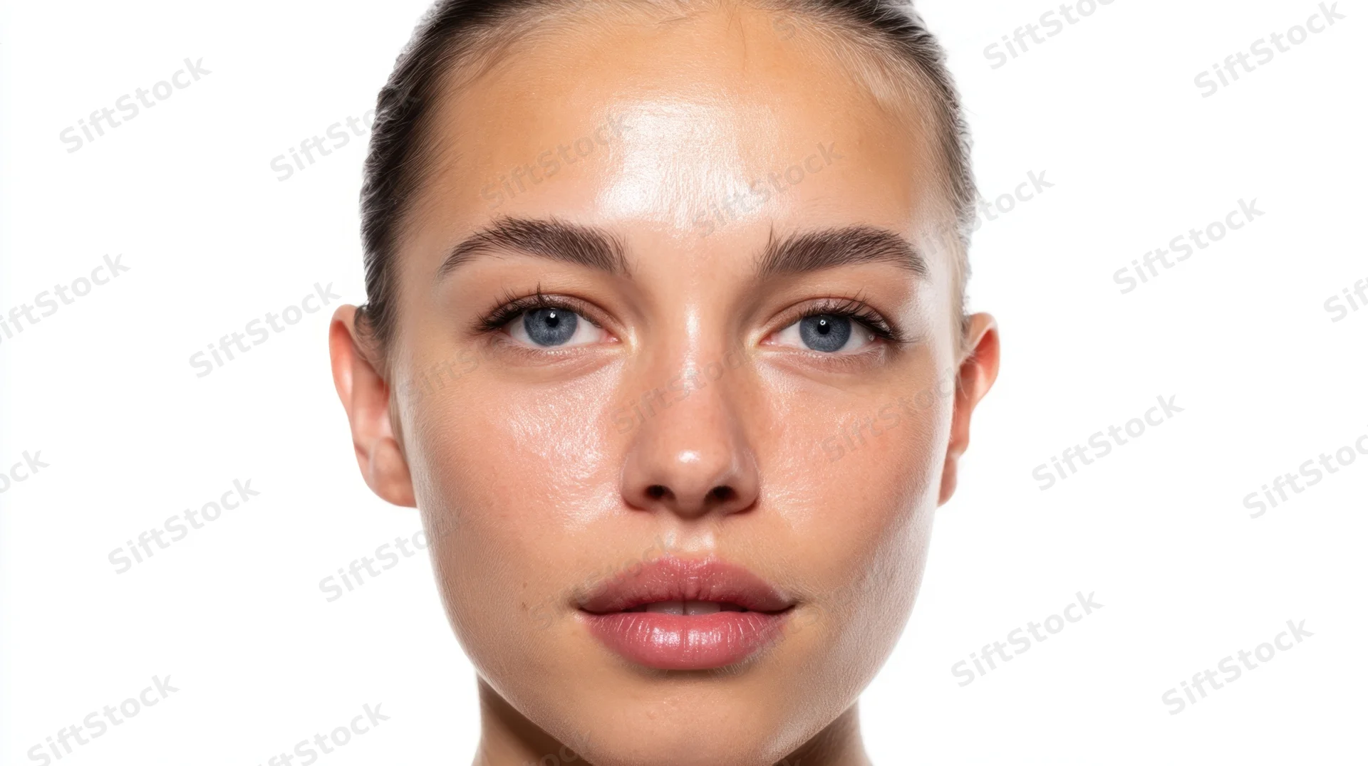 Close-up of a young woman's face with natural glowing skin against white background