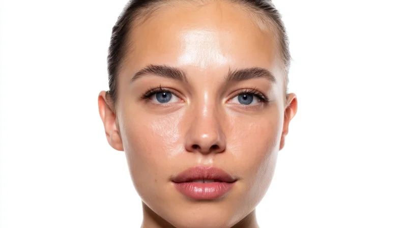 Close-up of a young woman's face with natural glowing skin against white background