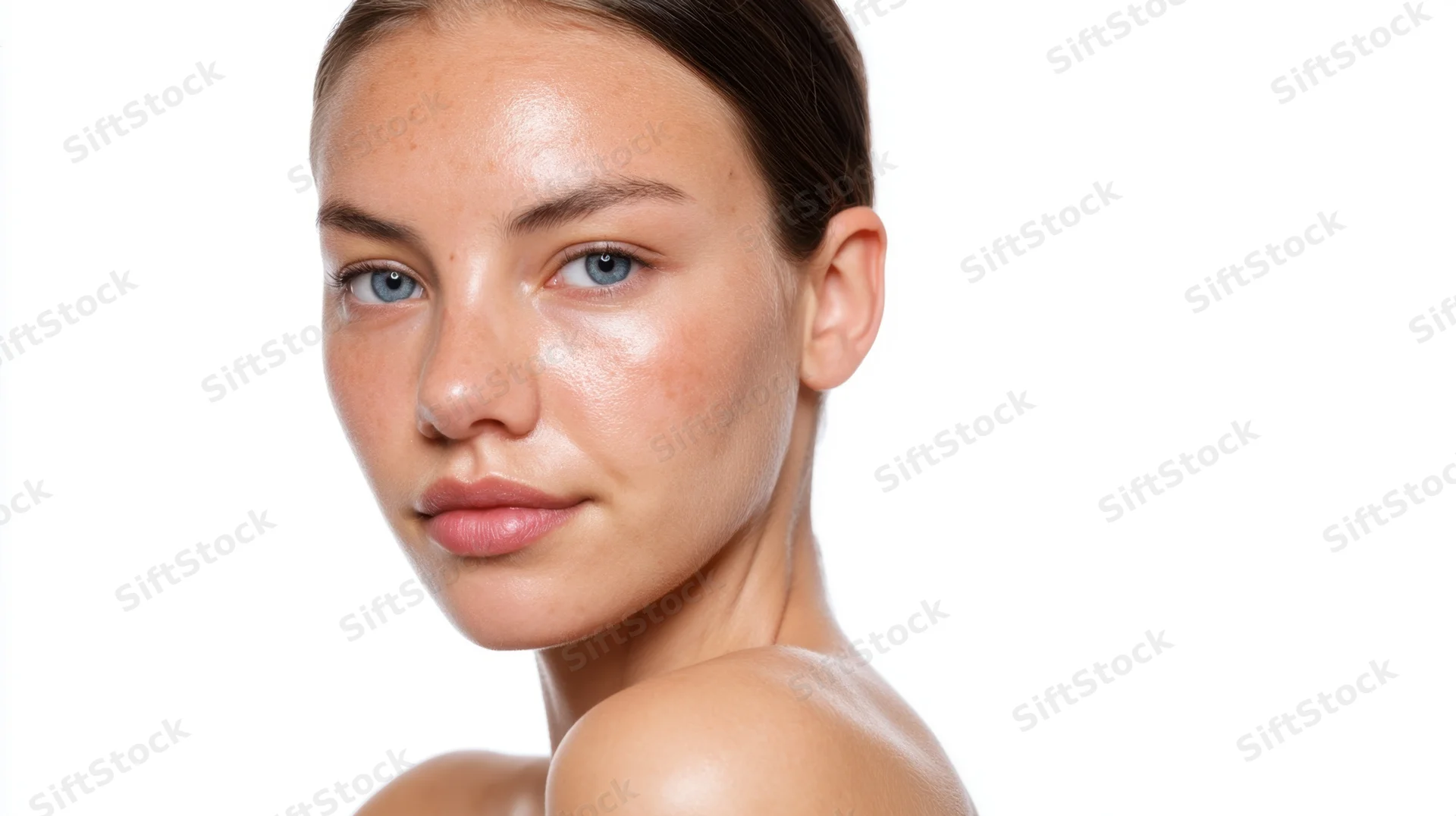 Close-up of a young woman with natural skin and blue eyes against a white background