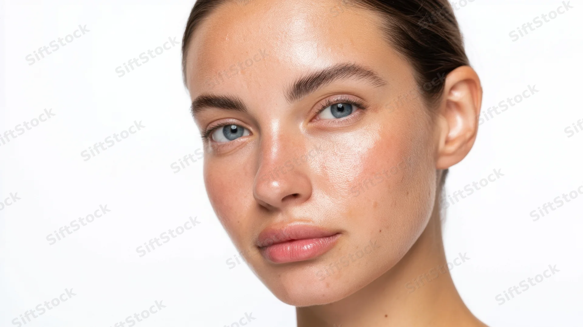 Close-up of a young woman's face with natural glowing skin against a white background
