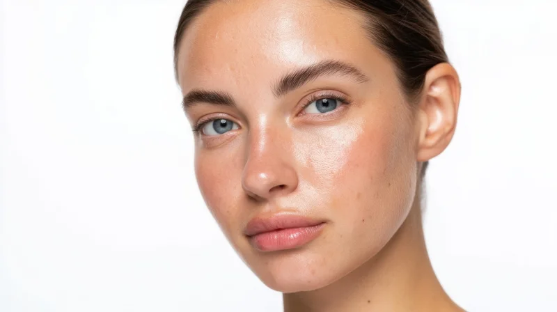Close-up of a young woman's face with natural glowing skin against a white background