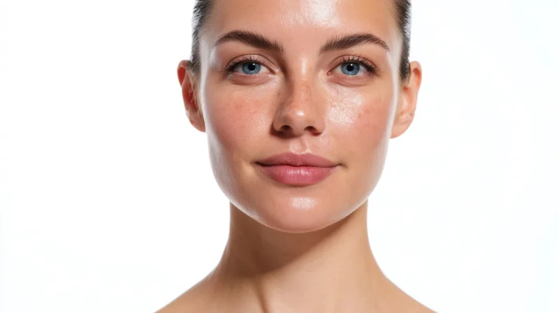 Close-up of a woman's face with natural glowing skin against white background