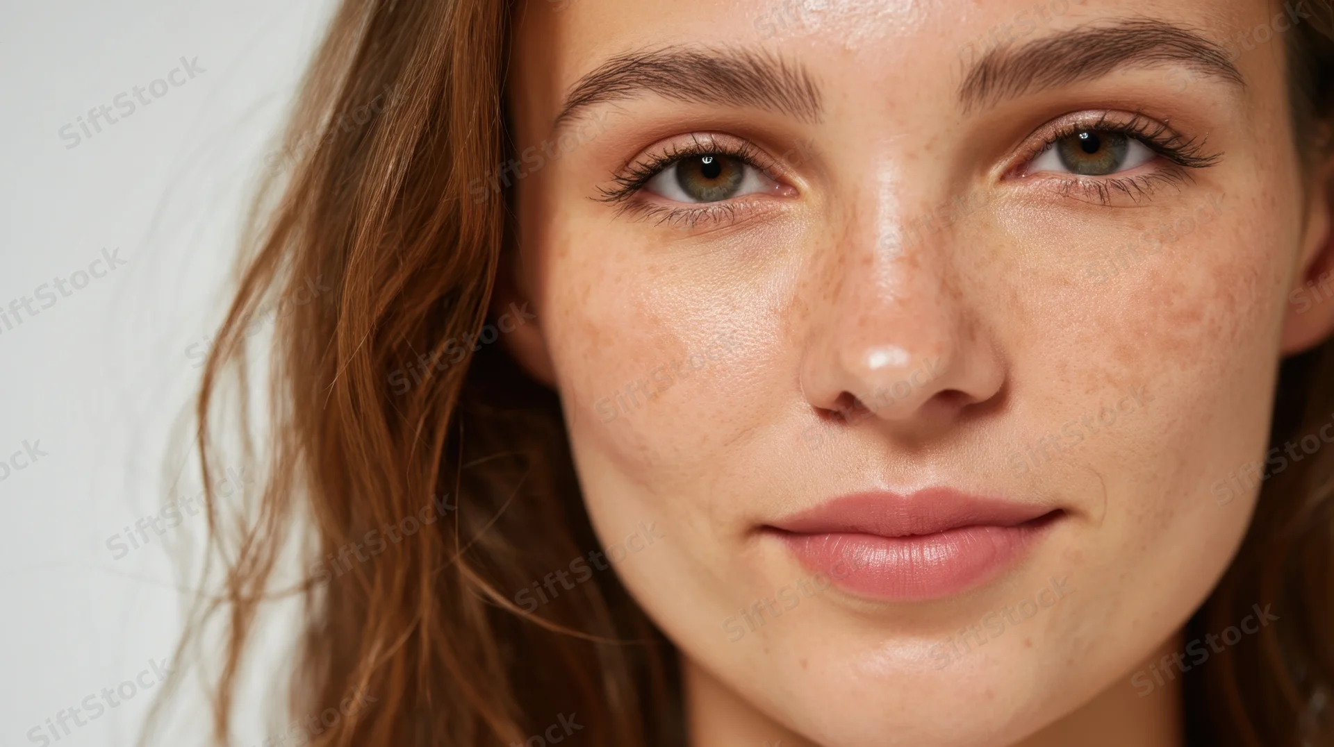 Close-up of a young woman's face showing freckles and natural skin texture against a white background