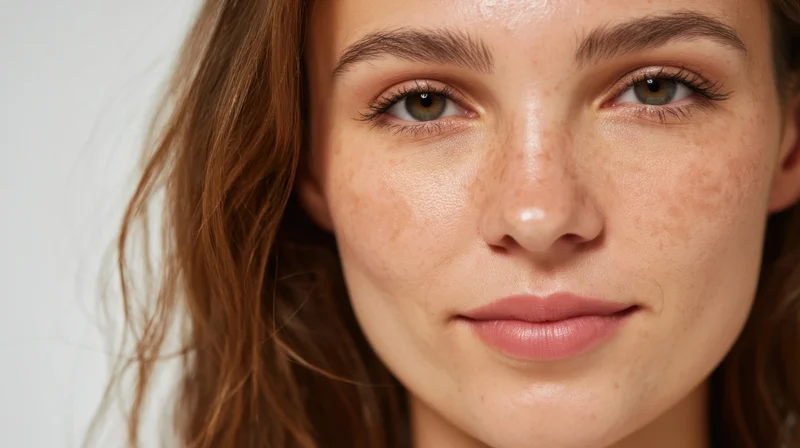 Close-up of a young woman's face showing freckles and natural skin texture against a white background
