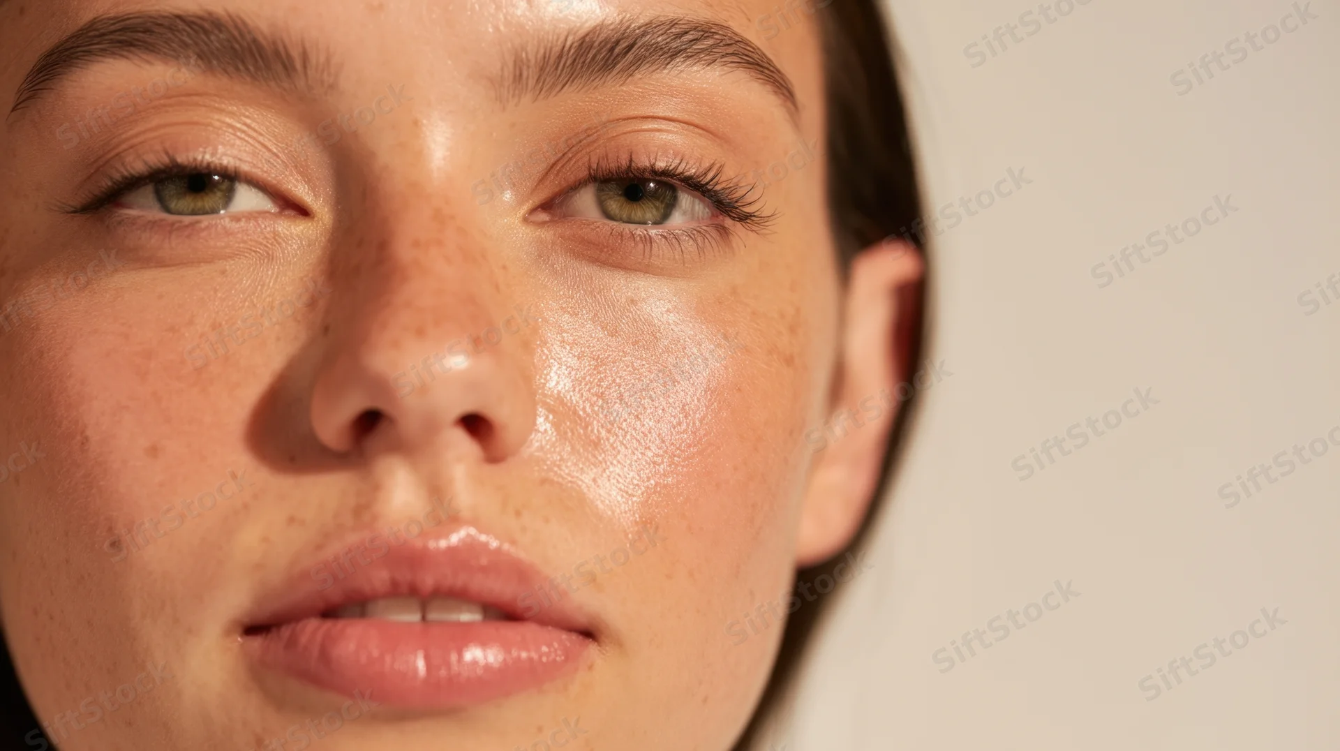 Close-up of a woman’s face showing freckled skin and glowing complexion with soft lighting and beige background