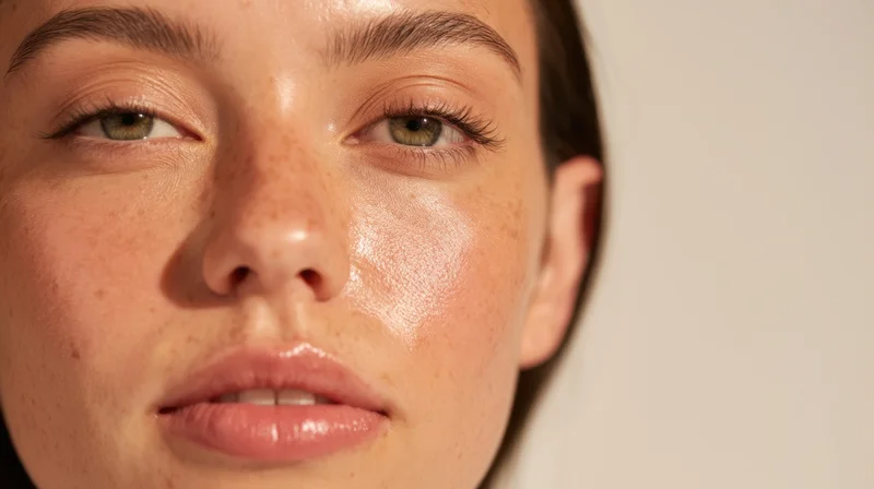 Close-up of a woman’s face showing freckled skin and glowing complexion with soft lighting and beige background