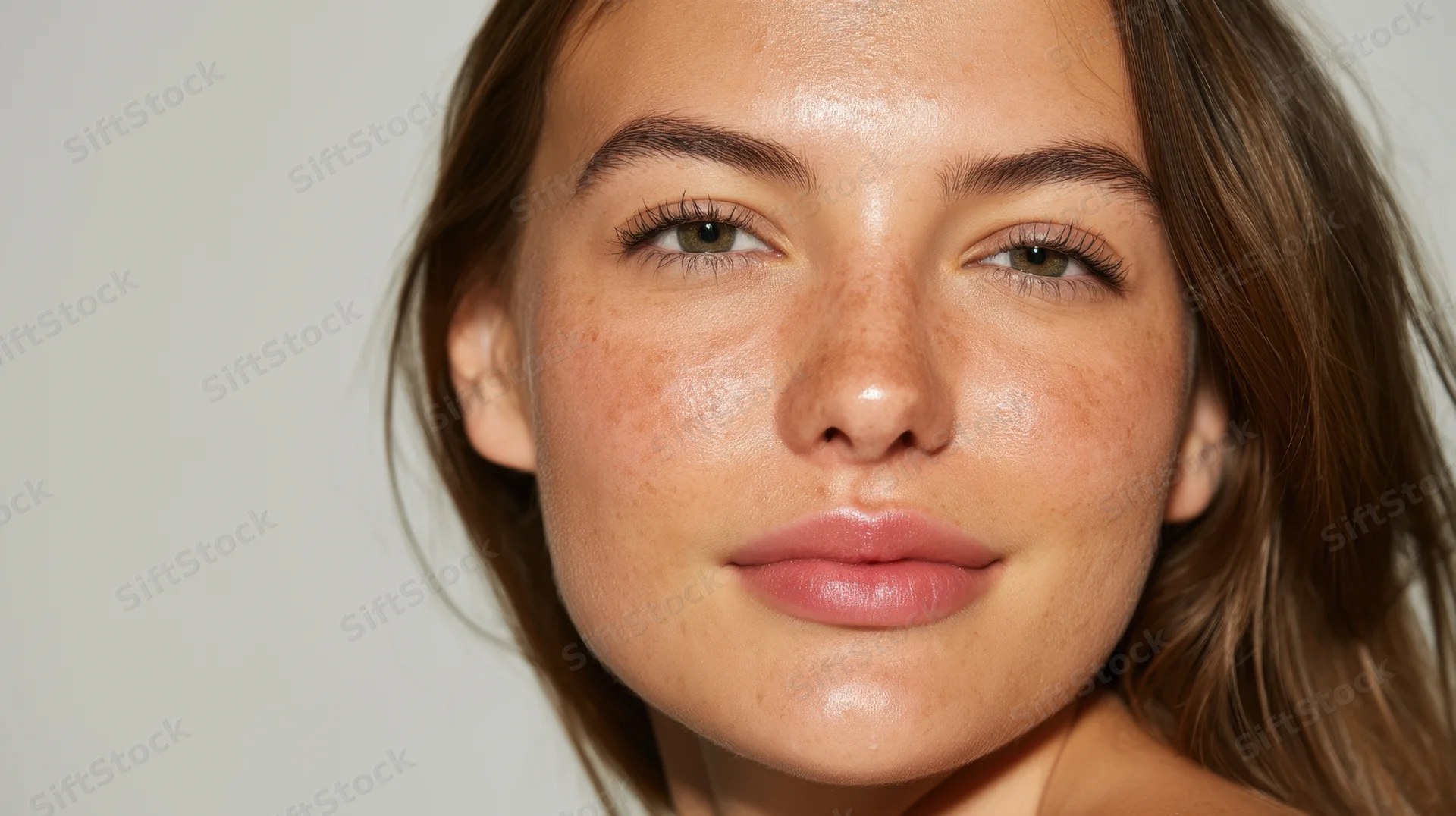 Close-up of a young woman’s face with freckles and natural skin glow against a plain background