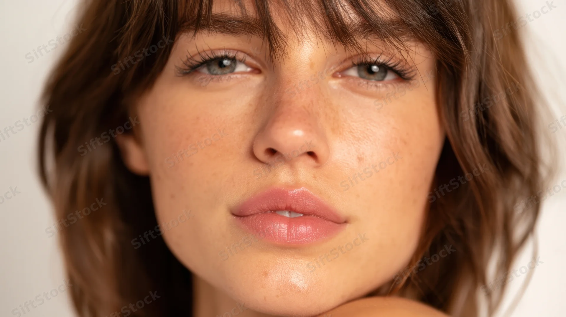 Close-up portrait of a young woman with freckles and brown hair, soft lighting in studio setting