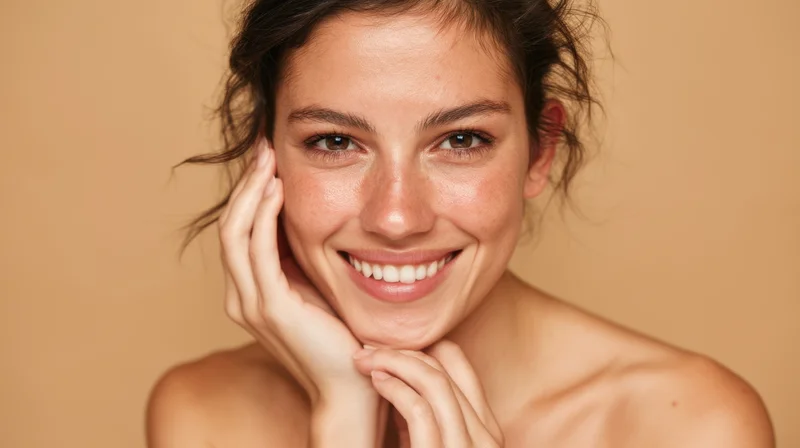 Young woman smiling with hands gently touching her face against a warm beige background