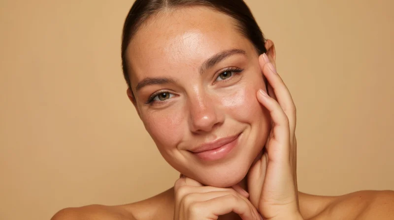 Woman smiling with hands gently touching her face against a beige background