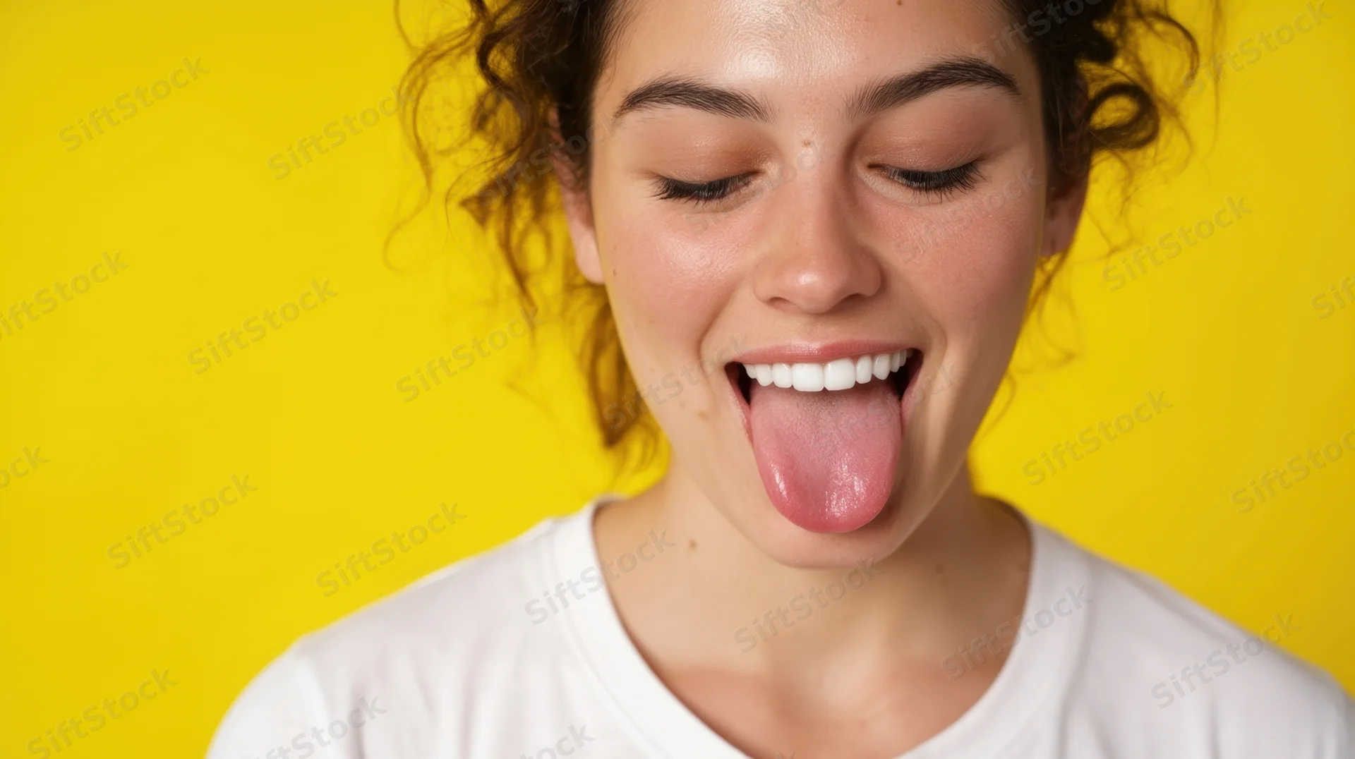Close-up of a woman smiling with tongue out against a yellow background
