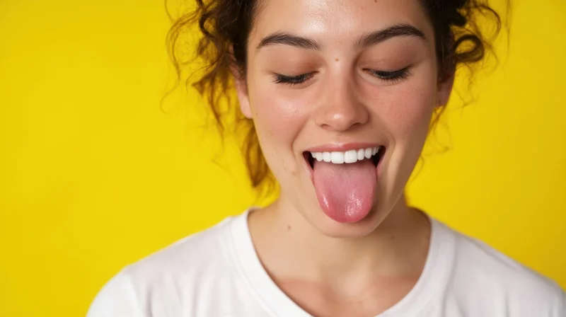 Close-up of a woman smiling with tongue out against a yellow background