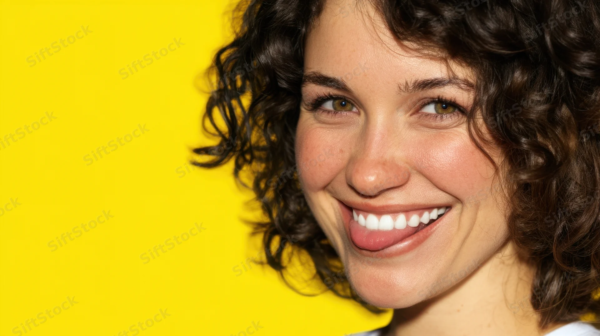Close-up of a smiling woman with curly brown hair against a yellow background