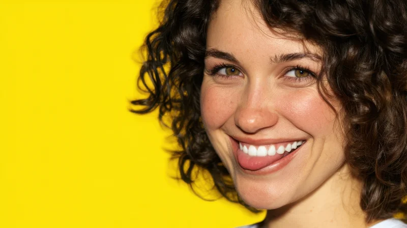 Close-up of a smiling woman with curly brown hair against a yellow background